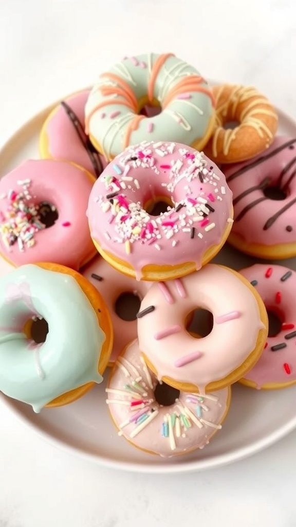Aesthetic donuts with colorful glazes and sprinkles on a decorative plate.